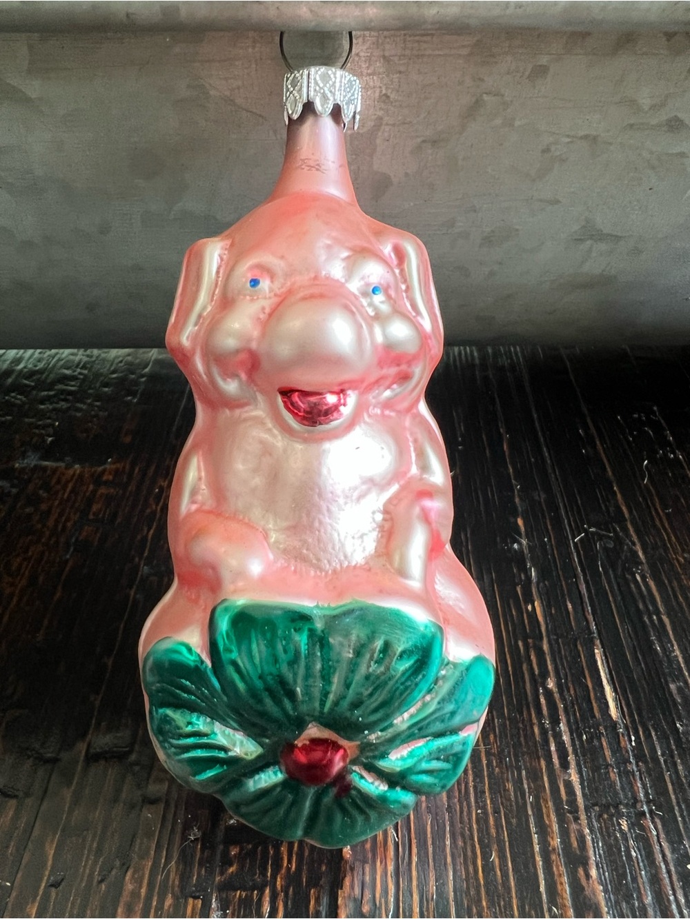 West Germany Blown Glass Christmas Ornament Pink Pig w/Shamrock